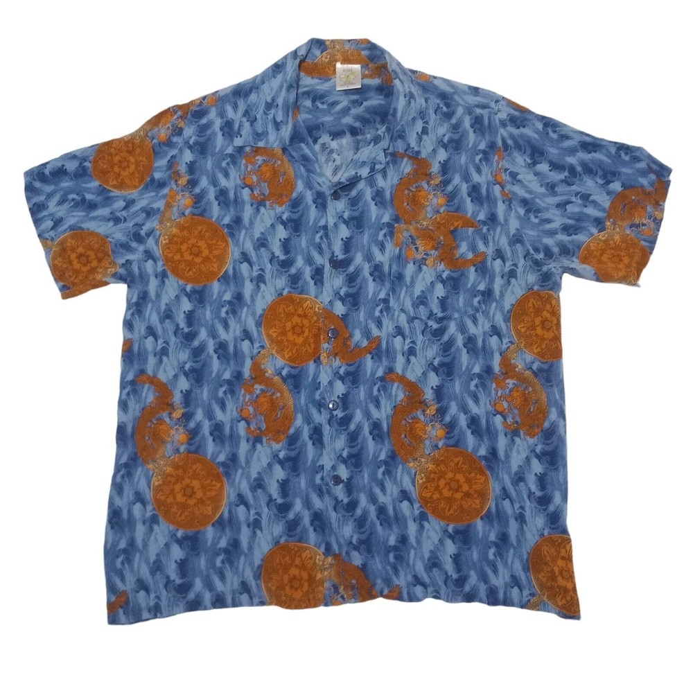 Aloha Men's Large Hawaiian‎ Shirt Blue With Dragons Button Up Short Sleeve